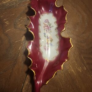Burgundy Leaf-Shaped Dish with Gold Trim